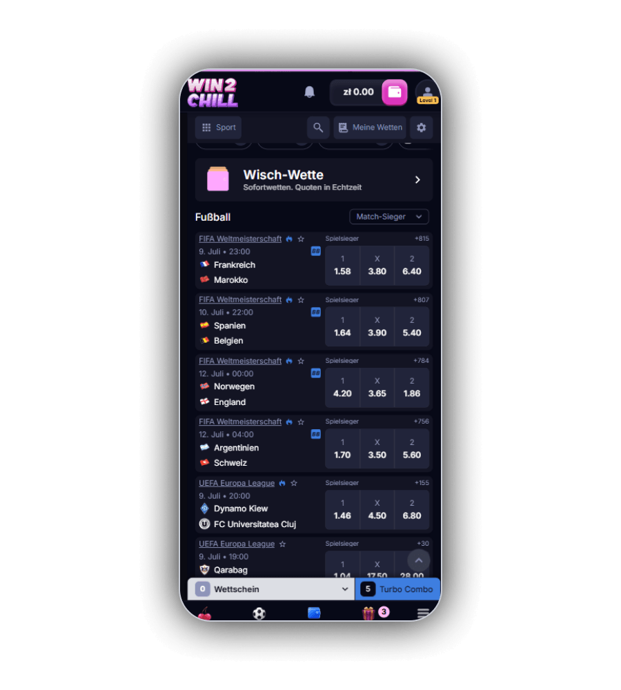 Win2Chill Sportwetten Screen mit NBA Summer League Begegnungen und Quoten