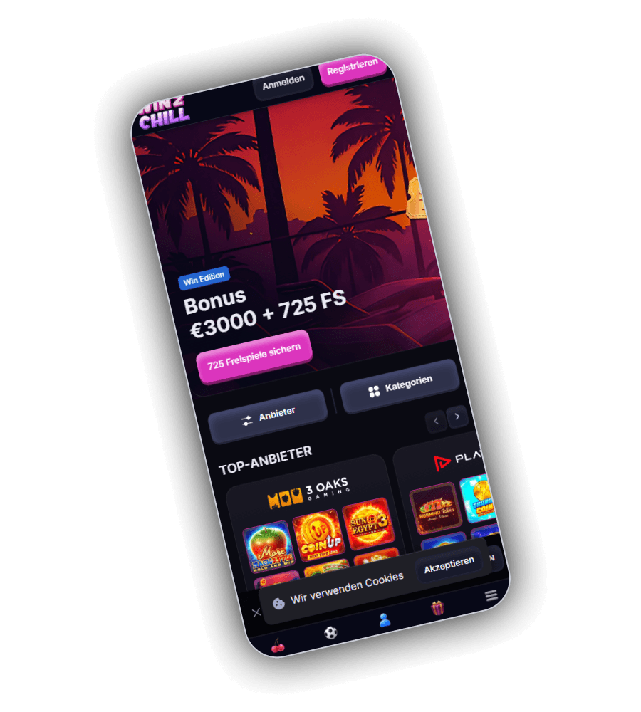 Win2Chill Mobile Lobby mit €3000 plus 725 Freispiele Willkommensbonus und TOP Anbieter Auswahl