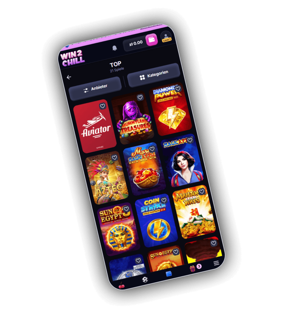 Win2Chill Casino Spiele Katalog auf dem Smartphone mit Titeln wie Aviator, Mummyland Treasures und Diamond Power