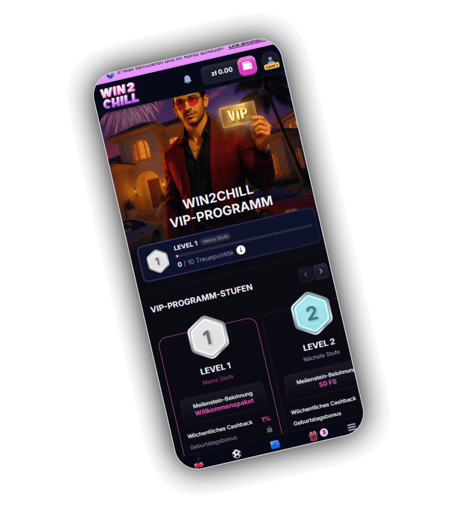 Win2Chill VIP Programm mit Level 1 Status und Level 5 Belohnung inklusive 3 Prozent Weekly Cashback